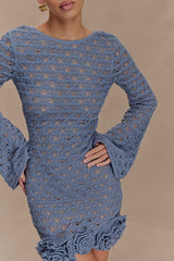 Aileen Ruffle Crochet Mini Dress - Steel Blue