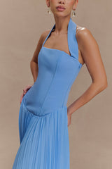 Stacie Pleated Halter Maxi Dress - Bright Blue