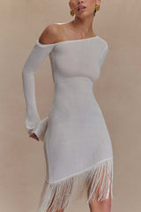 Kayden Fringe Off Shoulder Knit Mini Dress - Ivory