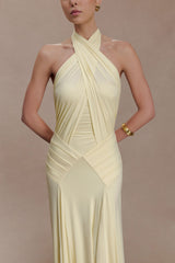 Indira Gathered Slinky Halter Maxi Dress - Lemon