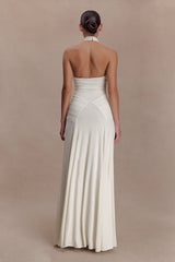 Indira Gathered Slinky Halter Maxi Dress - Ivory