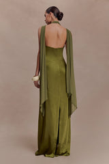 Myla Draped Shoulders Satin Maxi Dress - Khaki