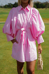 Puff Sleeve Mini Poplin Dress-Pink Stripe