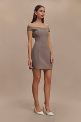 Cassidy Crepe Off Shoulder Mini Dress - Smoke