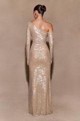 Marcia Diamante Long Sleeve Maxi Dress - Nude