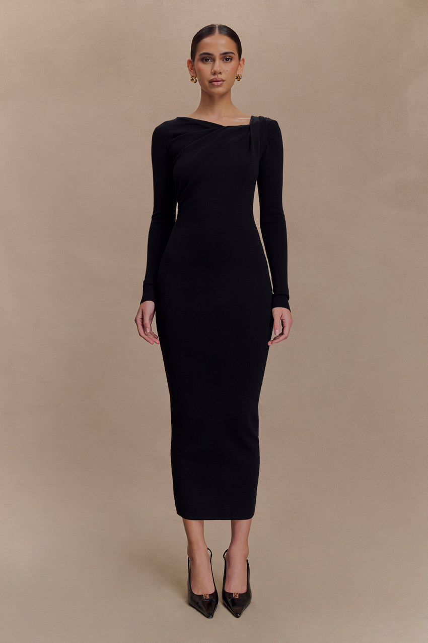 Culver Draped Twist Knit Midi Dress - Black