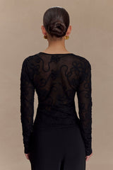 Omari Embroidery Long Sleeve Knit Top - Black