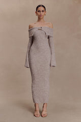 Baxter Off Shoulder Fluffy Knit Midi Dress - Taupe Marle