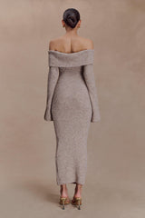 Baxter Off Shoulder Fluffy Knit Midi Dress - Taupe Marle