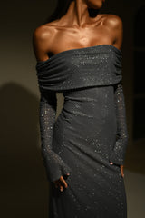 Marcel Off Shoulder Diamante Maxi Dress - Gunmetal