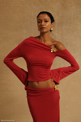 Ainsley Asymmetrical Long Sleeve Top With Floral Hardware - Fuchsia Pink